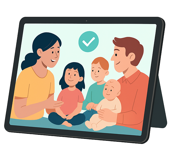 Gastouder en ouder in gesprek met kinderen